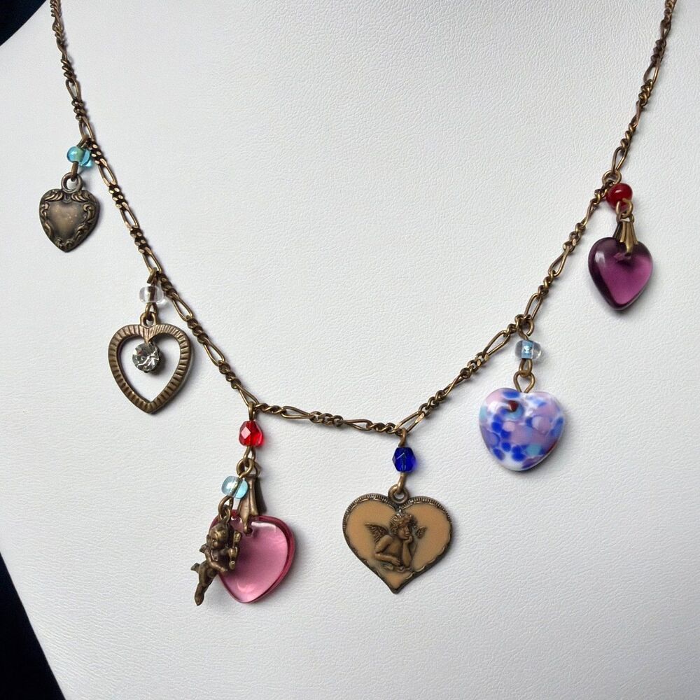 Vintage Glass Works Studio Glass & Brass Heart Charm Necklace 20 in Figaro Chain